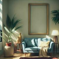 retro Clásico estilo interior sofá silla verde planta maceta y blanco marco Bosquejo plantilla, ai generativo foto