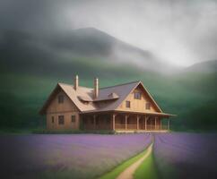 Nature landscape wood house lavender field foggy mountain, AI Generative photo