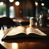 cerca arriba de abrió libro en mesa en café tienda con borroso fondo, ai generativo foto