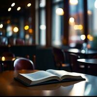 Close up of opened book on table in coffee shop with blurry background, AI generative photo