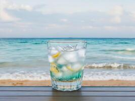 frío bebida en chicas taza con playa Oceano fondo, ai generativo foto