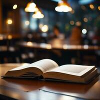 cerca arriba de abrió libro en mesa en café tienda con borroso fondo, ai generativo foto