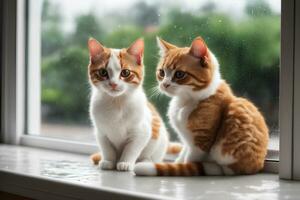 realista foto cerca arriba de linda gato sentado siguiente a vaso ventana, lloviendo afuera, generativo ai