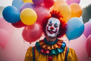 Realistic photo close up of a clown with smile in colorful balloons and misty foggy background, generative AI