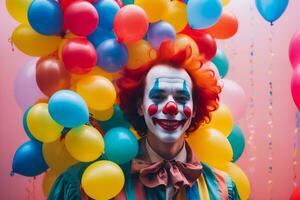 Realistic photo close up of a clown with smile in colorful balloons background, generative AI