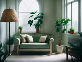 Retro vintage style interior sofa chair green plant pot, AI Generative photo
