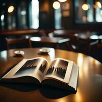 cerca arriba de abrió libro en mesa en café tienda con borroso fondo, ai generativo foto