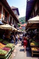 Realistic photo of marketplace filled with exotic fruits,