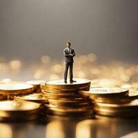 Miniature business man standing on piles of golden coin, AI generative photo