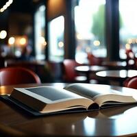 Close up of opened book on table in coffee shop with blurry background, AI generative photo