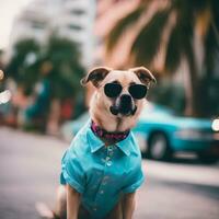 Shot of Vaporwave fashion dog wearing sunglasses in miami, AI generative photo