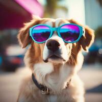 Shot of Vaporwave fashion dog wearing sunglasses in miami, AI generative photo