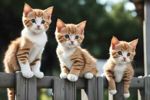 Realistic photo close up of cute cat sitting on fence, generative AI