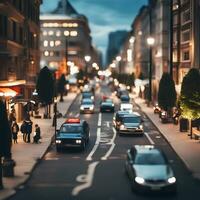 Miniature toy city street view tilt-shift effect, AI generative photo