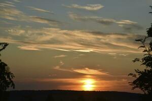 Evening sunset horizon and bushes of trees. Blue-yellow horizon and clouds.With photo