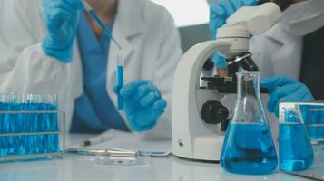 Team of Scientists Choose Between Printed Circuit Board to Work With. In The Background Technologically Advanced Scientific Research Center. photo