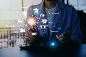 futuristic digital processing of biometric identification fingerprint scanner for access personal financial data. surveillance and security scanning of digital programs cyber futuristic applications photo