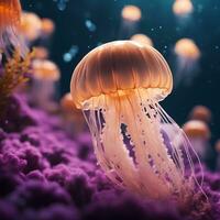 Realistic photo of lowing jellyfish floating underwater, AI generative