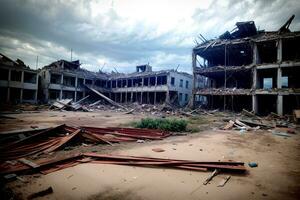 Realistic photo landscape of destructed deserted building after catastrophe, AI generative