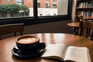 Realistic photo of a coffee cup and book on wood table in a coffee shop with cozy atmosphere