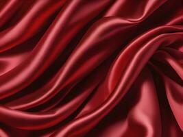 Red satin silk soft fluttering fabric background, generative AI photo