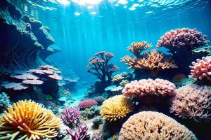 Secret ocean underwater world teeming with colorful coral reefs photo