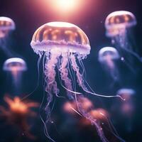 Realistic photo of lowing jellyfish floating underwater, AI generative