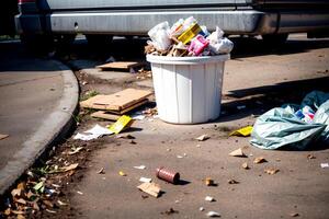 Realistic photo of rubbish garbage spreading on the street,
