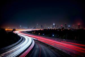 Realistic photo of highway light trails with modern city building background