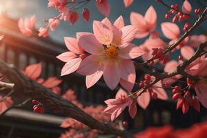 cherry blossom sakura flower on blue sky background, ai generative photo