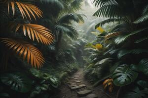 Tropical jungle with a path in the jungle. generative ai photo