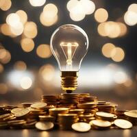 Realistic photo of light bulb on piles of golden coin, AI generative