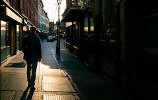 retroiluminado de un hombre caminando en el ciudad calle, ai generativo foto