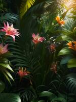 Lush jungle with flowers background, generative AI photo