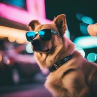 Shot of Vaporwave fashion dog wearing sunglasses in miami photo