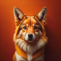 Portrait of a beautiful corgi dog on a red background. photo