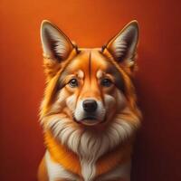 Portrait of a beautiful corgi dog on a red background. generative ai photo