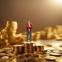 Miniature man standing on piles of golden coin, AI generative photo
