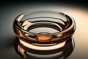 Empty glossy transparent ashtray on a dark background. ai generative photo