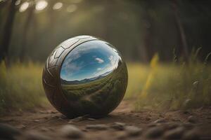 Reflection of a soccer ball in a glass ball in a field. photo