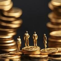 Miniature business man statue standing on piles of golden coin, AI generative photo