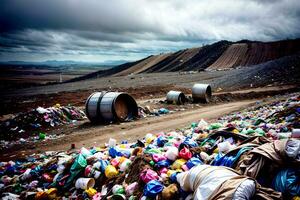 Realistic photo landscape of rubbish garbage landfill, AI generative