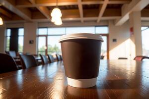 Realistic photo of a close cup paper coffee cup on wood table in a coffee shop with cozy atmosphere