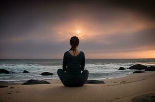 Backlit of a woman meditation on beach, AI Generative photo