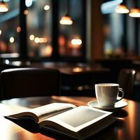 Close up of coffee cup and opened book on table in coffee shop with blurry background, AI generative photo