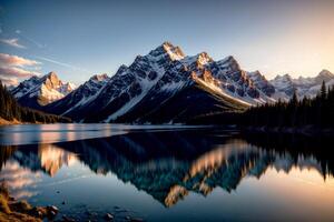 Realistic photo majestic landscape of mountain lake with perfect reflection