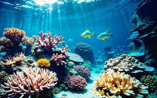 secreto Oceano submarino mundo rebosante con vistoso coral arrecifes foto