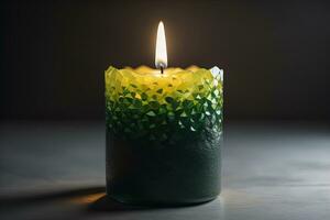 Burning aroma candle on wooden table against solid color background, copyspace. ai generative photo