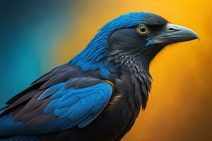 Close up portrait of a black raven, Corvus corax. ai generative photo