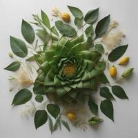 Flower arrangement made of succulent leaves and flowers, top view. generative ai photo